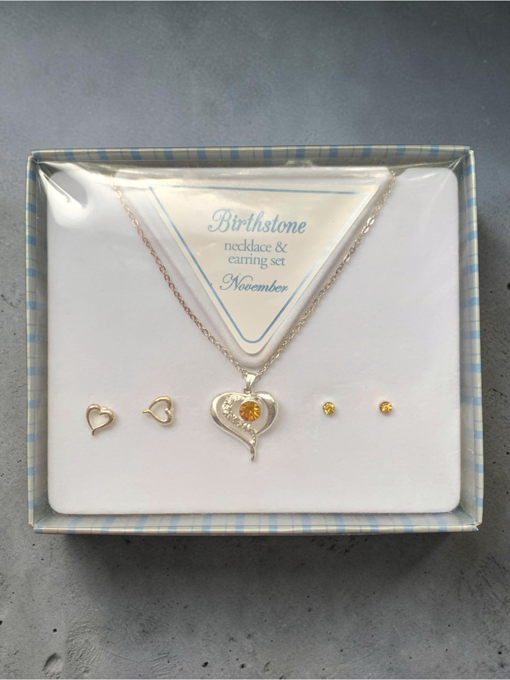 Source Unknown Silver Heart Necklace and Citrine Stud Earring Set